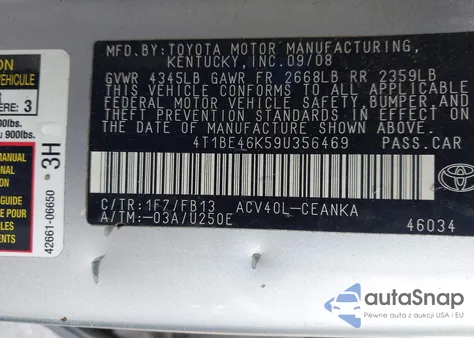 2009 Toyota Camry Le z USA, uszkodzony, nr VIN 4T1BE46K59U356469